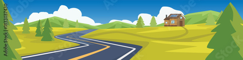 Horizontal or Landscape view of asphalt curved road. Road that passes through spring grass. Trees growing everywhere. House with a lone chimney on a hillside. Background of mountain and sky.