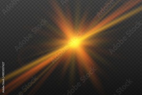 Golden-red star with very long, extended rays of mixed softness and sharpness on a dark checkered background. Radiant glowing effect for bright decorative designs.