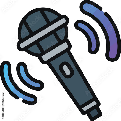 Professional microphone vector icon emitting sound waves, ideal for audio recording and broadcast applications.