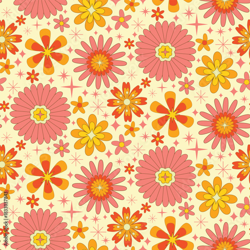 Retro groovy 70s flowers with mid century atomic starbursts seamless pattern in orange, coral pink, mustard yellow on beige background. For wallpaper, home décor and fabric