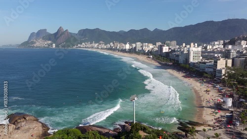 Aerial view of Ipanema Beach and Pedra do Arpoador during summer in Rio de Janeiro, Brazil.	