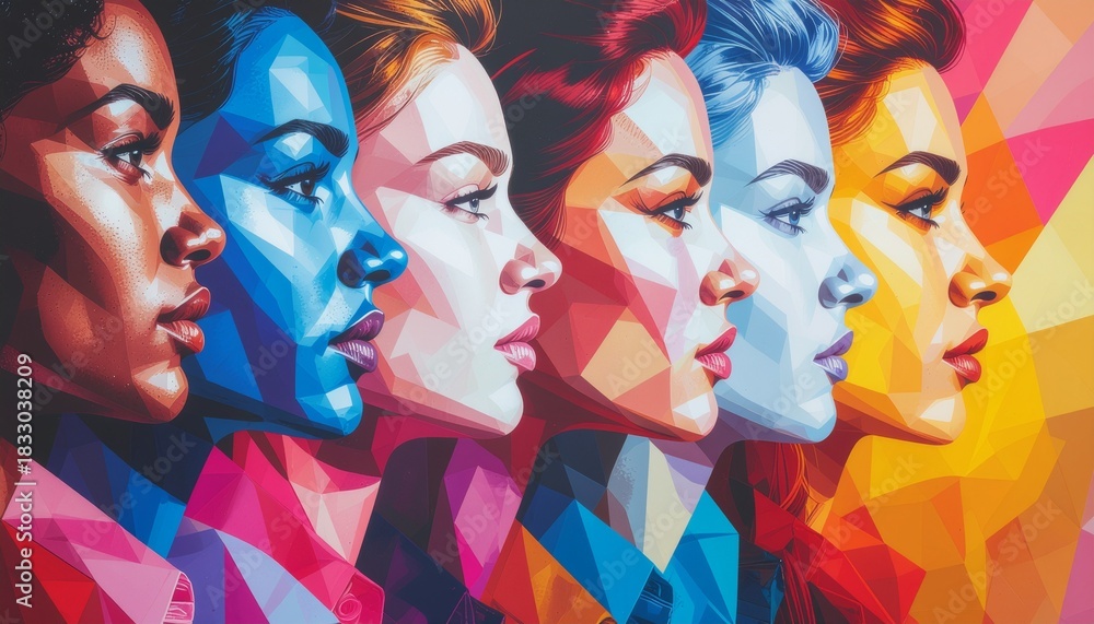 Obraz premium A striking row of women posed in different styles, illuminated by multiple lighting setups with dramatic contrast, showcasing diversity, mood variation, and high-fashion cinematic visual impact