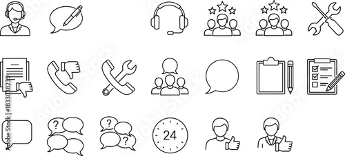 Ultimate communication, customer support, feedback, organization, technical service, and business review line icons set vector illustration