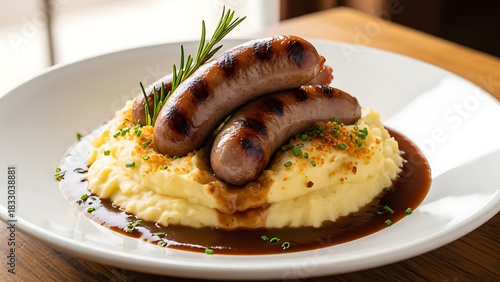 Hearty sausage and mashed potatoes with gravy and rosemary garnish