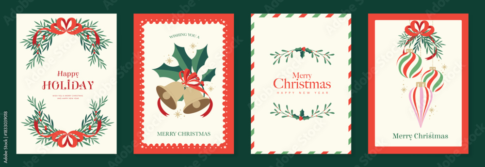 Obraz premium Christmas greeting card vector illustration with Happy New Year and Happy Holiday in cream and red vintage design featuring ribbons, ornaments, holly leaves and pine branches.