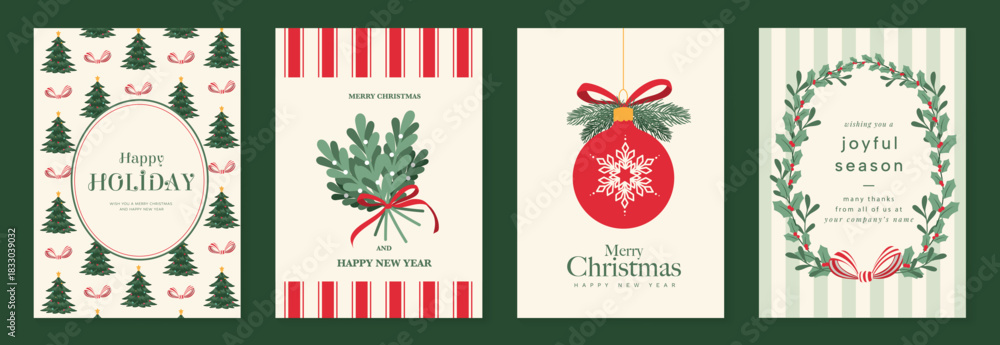 Obraz premium Christmas greeting card vector illustration with Happy New Year and Happy Holiday in cream and red vintage design featuring ribbons, ornaments, holly leaves and pine branches.