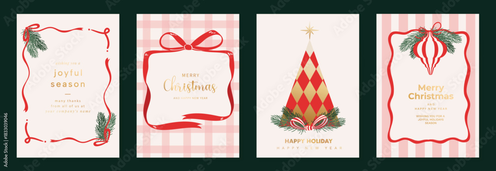 Obraz premium Christmas greeting card vector illustration with Happy New Year and Happy Holiday in cream and red vintage design featuring ribbons, ornaments, holly leaves and pine branches.