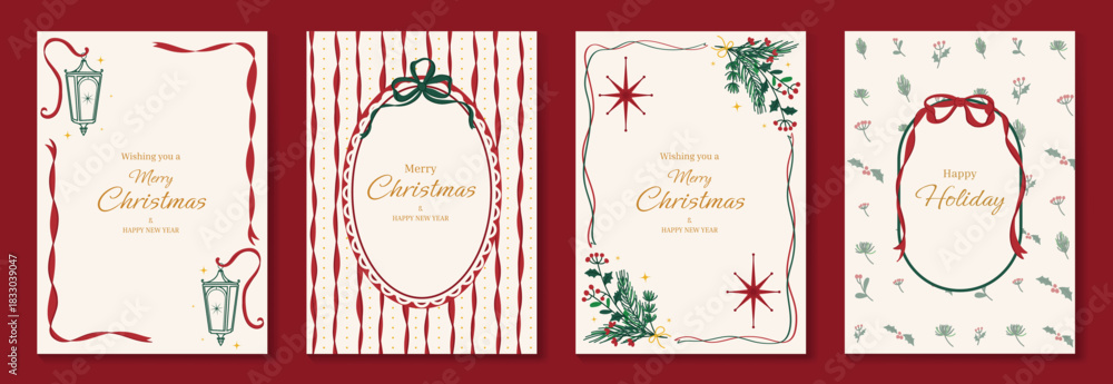 Obraz premium Christmas greeting card vector illustration with Happy New Year and Happy Holiday in cream and red vintage design featuring ribbons, ornaments, holly leaves and pine branches.
