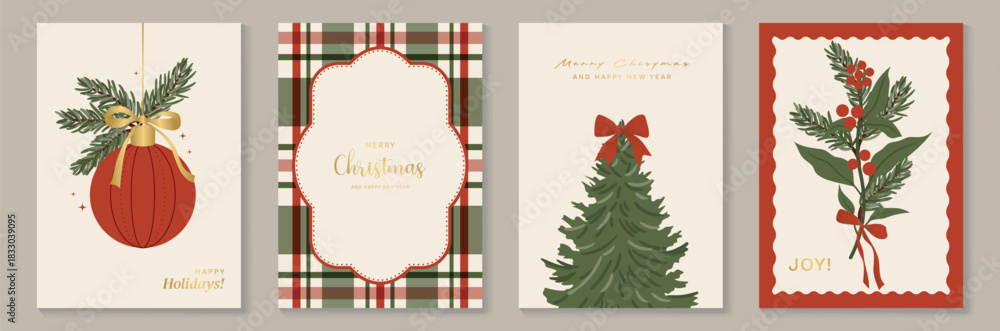 Obraz premium Christmas greeting card vector illustration with Happy New Year and Happy Holiday in cream and red vintage design featuring ribbons, ornaments, holly leaves and pine branches.