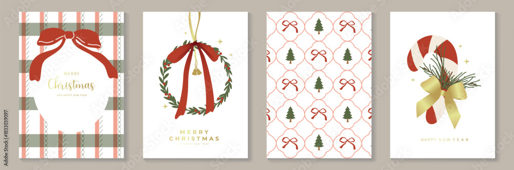 Naklejka premium Christmas greeting card vector illustration with Happy New Year and Happy Holiday in cream and red vintage design featuring ribbons, ornaments, holly leaves and pine branches.
