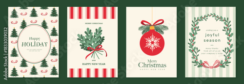 Christmas greeting card vector illustration with Happy New Year and Happy Holiday in cream and red vintage design featuring ribbons, ornaments, holly leaves and pine branches.