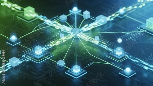A futuristic depiction of data flow with interconnected cubes and glowing lines over a circuit board