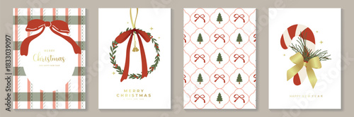 Christmas greeting card vector illustration with Happy New Year and Happy Holiday in cream and red vintage design featuring ribbons, ornaments, holly leaves and pine branches.