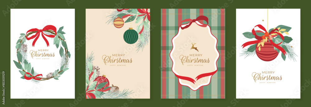 Obraz premium Christmas greeting card vector illustration with Happy New Year and Happy Holiday in cream and red vintage design featuring ribbons, ornaments, holly leaves and pine branches.