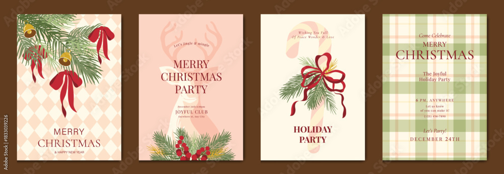 Obraz premium Christmas greeting card vector illustration with Happy New Year and Happy Holiday in cream and red vintage design featuring ribbons, ornaments, holly leaves and pine branches.
