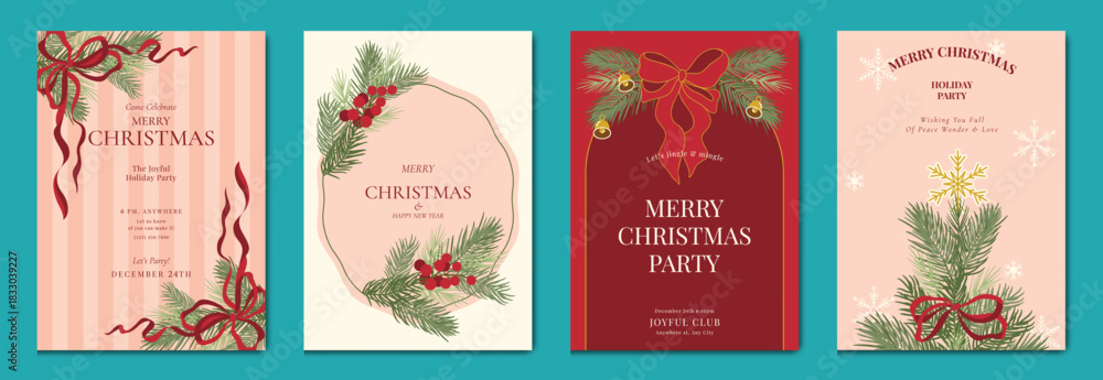 Obraz premium Christmas greeting card vector illustration with Happy New Year and Happy Holiday in cream and red vintage design featuring ribbons, ornaments, holly leaves and pine branches.