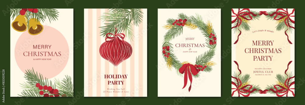 Obraz premium Christmas greeting card vector illustration with Happy New Year and Happy Holiday in cream and red vintage design featuring ribbons, ornaments, holly leaves and pine branches.
