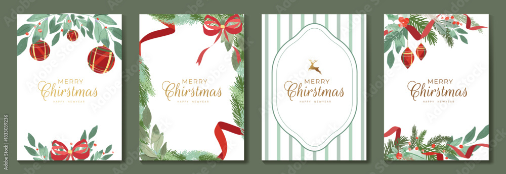 Obraz premium Christmas greeting card vector illustration with Happy New Year and Happy Holiday in cream and red vintage design featuring ribbons, ornaments, holly leaves and pine branches.