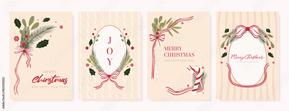 Obraz premium Christmas greeting card vector illustration with Happy New Year and Happy Holiday in cream and red vintage design featuring ribbons, ornaments, holly leaves and pine branches.