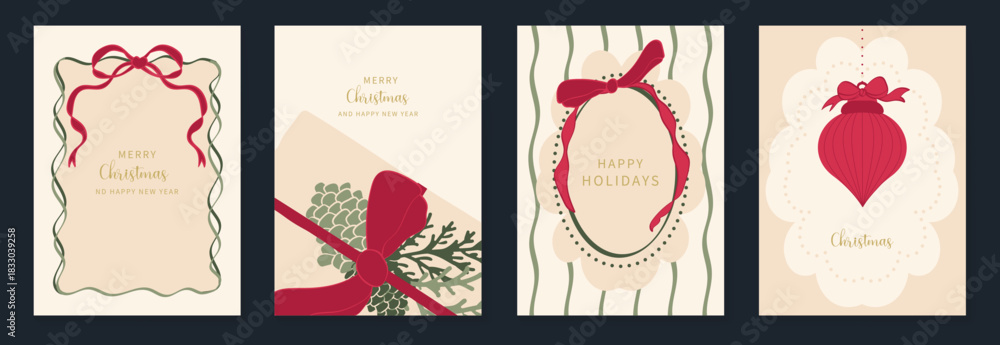 Obraz premium Christmas greeting card vector illustration with Happy New Year and Happy Holiday in cream and red vintage design featuring ribbons, ornaments, holly leaves and pine branches.