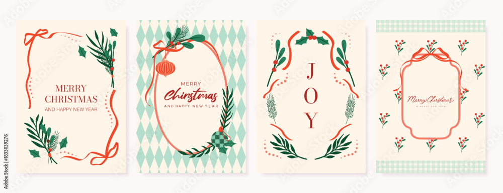 Obraz premium Christmas greeting card vector illustration with Happy New Year and Happy Holiday in cream and red vintage design featuring ribbons, ornaments, holly leaves and pine branches.