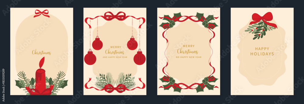 Naklejka premium Christmas greeting card vector illustration with Happy New Year and Happy Holiday in cream and red vintage design featuring ribbons, ornaments, holly leaves and pine branches.