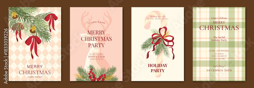 Christmas greeting card vector illustration with Happy New Year and Happy Holiday in cream and red vintage design featuring ribbons, ornaments, holly leaves and pine branches.