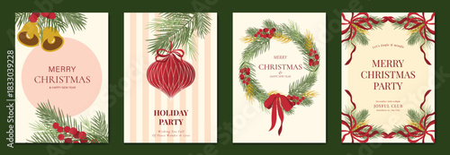 Christmas greeting card vector illustration with Happy New Year and Happy Holiday in cream and red vintage design featuring ribbons, ornaments, holly leaves and pine branches.