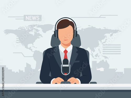 Broadcast journalist at work in a news studio with a microphone and headphones, world map