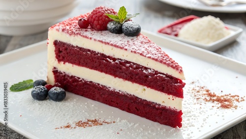 Decadent red velvet cake slice with three vibrant layers and smooth cream cheese frosting, presented in a crisp, appealing close-up.