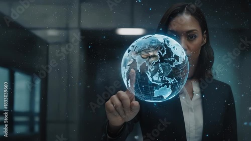 Focused Executive Engaging with Futuristic Holographic Earth