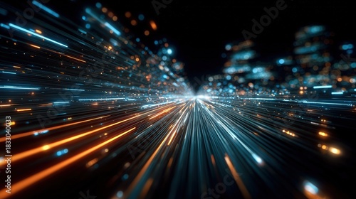 A vibrant, abstract representation of light streaks, suggesting speed and motion against a dark background, evoking a sense of energy and dynamism.