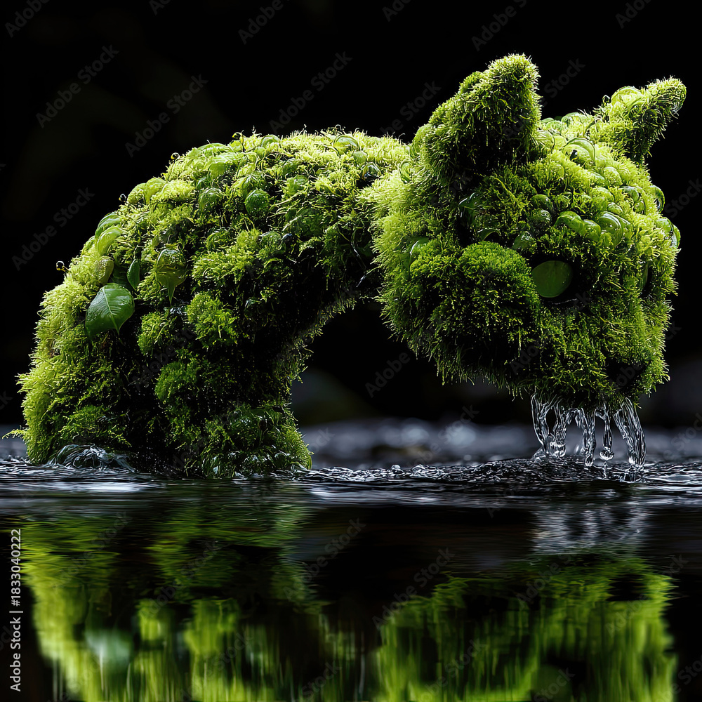 Fototapeta premium AI Generated - Green moss sculpture of a dog in the water, with water droplets glistening on its fur. Professional stock photography. Stock photo. High-resolution. High-res. Premium quality. Premium.