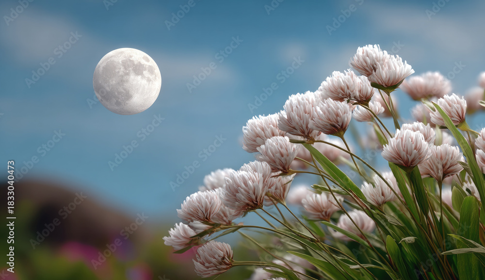 Fototapeta premium Full moon sky field flower white blossom green stem nature landscape outdoor evening calm