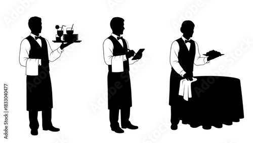 Waiter Waitress Silhouette Vector Set — Carrying Tray, Taking Order, Serving, Cleaning Table, Restaurant Staff Illustration

