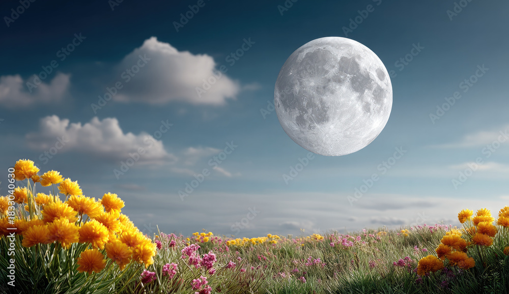 Fototapeta premium Full moon in sky above vibrant field of yellow and pink flowers, serene landscape with soft clouds