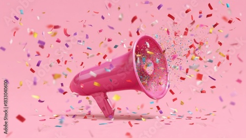 A glossy pink megaphone with dynamic confetti scattered around and coming out from its opening,