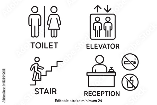 Collection of clean and modern facility signage icons including toilet, elevator, stairs, reception, and no-smoking symbols designed for public spaces and navigation