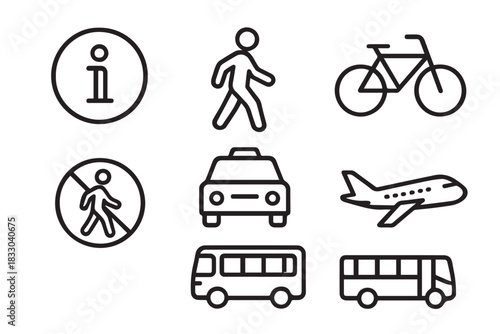 Simple transportation and traffic icons including walking, bicycle, taxi, airplane, bus, and information signs in clean line style vector set