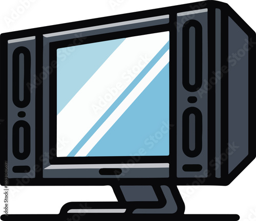 Retro computer monitor vector with a blue screen and thick black bezels, representing vintage technology