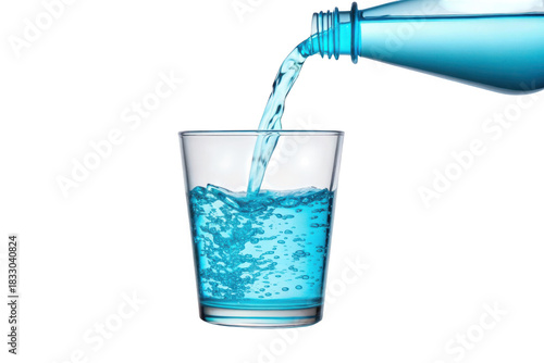 Blue liquid pouring from bottle into glass isolated on transparent background