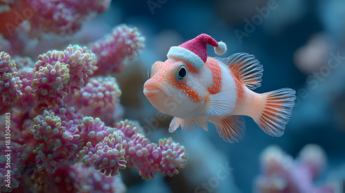 Festive Fish Wearing Pink Santa Hat Swimming Near Coral