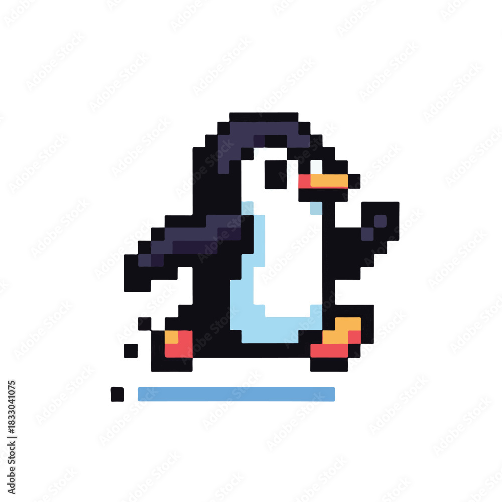 Obraz premium Dynamic Pixel Art Penguin in Full Sprint, a Playful Retro 8-bit Style Illustration Capturing Fast Movement and Agile Spirit for Digital Games and Animated Media Design