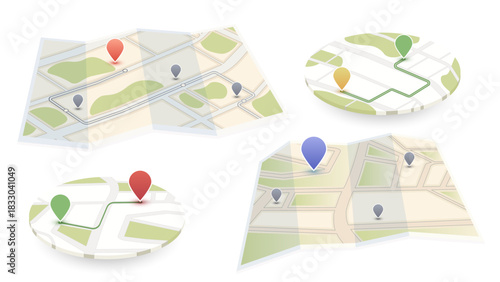 Set of isometric folded paper city maps and circular street navigation icons with colorful location pins and green route lines. Vector illustration.