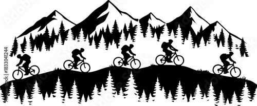Mountain Trail Cyclists Silhouette Vector