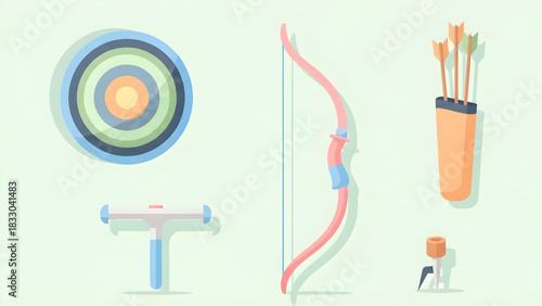 A complete set of archery equipment for sport and recreation, illustrating the concept of aiming for goals and precision
