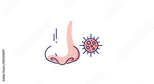 Minimalist medical icon showing a human nose with a virus or allergen particle nearby, representing respiratory illness or allergies.