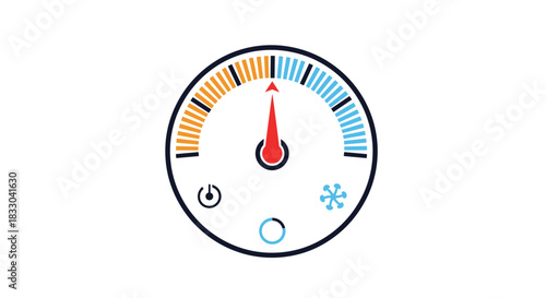 Modern thermostat dial interface showing temperature control with heating and cooling indicators and a central pointer for adjustment.