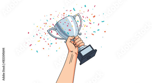 Dynamic cartoon illustration of a hand lifting a silver trophy cup high amidst a celebratory shower of colorful confetti pieces.
