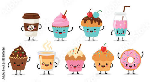 Collection of adorable kawaii food and drink characters with cute smiling faces, including cupcakes, coffee, donuts, and smoothies.
